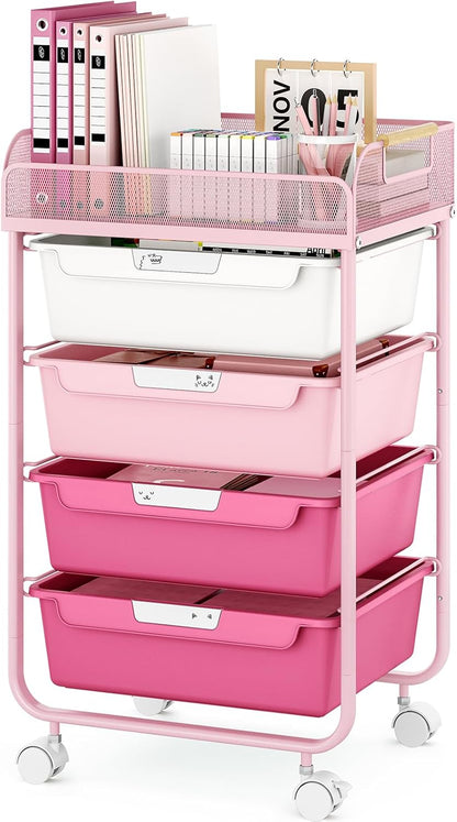 Rolling Cart with 4 Drawers,4 Tiers Rolling Utility Cart Craft Cart,Rolling Storage Drawer Cart with Mesh Top,Storage Cart with Drawers & 4 PCS DIY Lable, Rose Pink