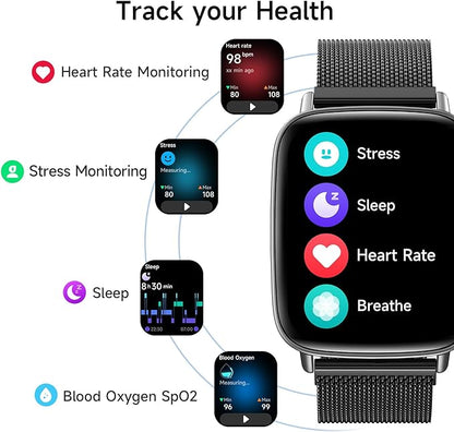 Smart Watch for Women, 1.85" HD Smartwatch Compatible iPhone/Samsung/Android (Answer/Make Calls), 100+ Sport Modes Fitness Tracker with Heart Rate/Sleep/SpO2 Monitor, IP68 Waterproof, Metal Band