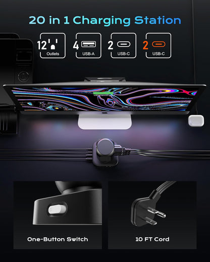 Dual PD 20W Power Strip Tower, TenTrend Surge Protector Power Strip with 12 AC Outlets & 8 USB Ports (4 USB C), 40W Desk Fast Charging Station, 10FT Flat Plug Extension Cord for Desk Office Dorm Room