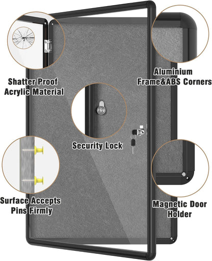 36"x24" Enclosed Bulletin Board, Lockable Weather-Resistant Aluminum Cork Noticeboard for School & Office, Black Frame w/Grey Flet