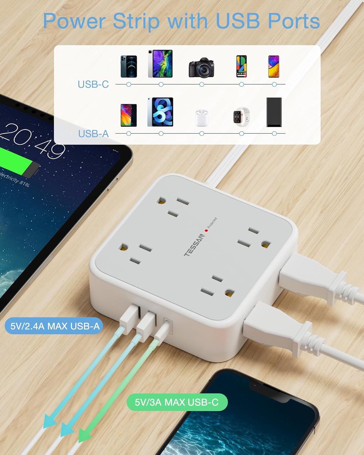 Power Strip Surge Protector 10 Ft Cord, 8 AC Outlets, 3 USB Charger(1 USB C Port), TESSAN Ultra Thin Extension Cord, Flat Plug, 900 Joules Protection, Desk Charging Station for Home, Office