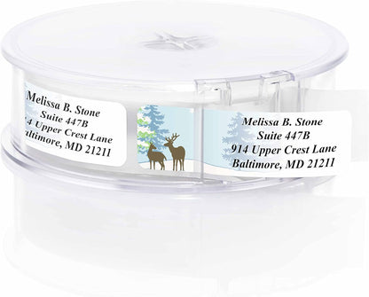 Festive Deer Designer Rolled Address Labels with Elegant Plastic Dispenser