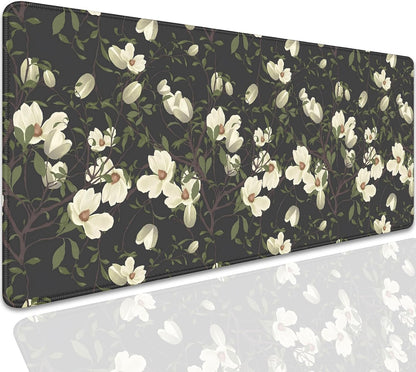 Magnolia Flowers Desk Pad Mouse Pad,Large Floral Mouse Mat with Stitched Edges,Non-Slip Rubber Base Black Mousepad for Office PC Keyboard Laptop and Home Work Desk Mat(27.5X11.8 in)