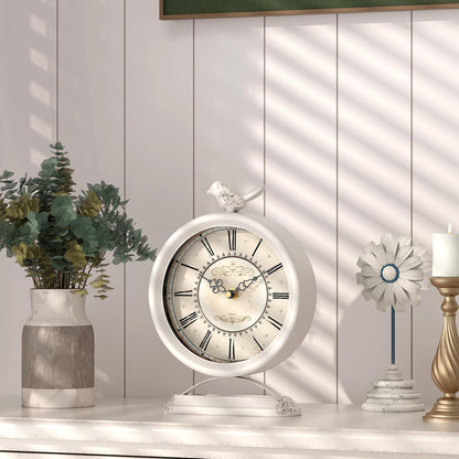 Vintage Table Clock with Bird, European Antique Style White Mantel Clocks, Desk and Shelf Decor Clock, for Farmhouse, Bedside, Living Room, Bedroom, Gift (9" H x 6.5" W)