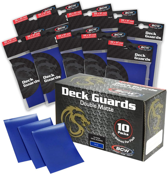 BCW Deck Guard - Double Matte Card Sleeves | 500 Count Box (10 Packs of 50 Sleeves) |Acid-Free, No PVC | Fits 2.5" x 3.5" Game Cards | Archival Safe Sleeves for Card Protection (Blue)