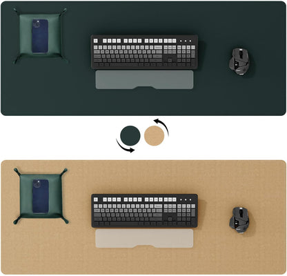DAWNTREES Dark Green Desk Mat,Leather Desk Pad,35.5"x17",Cork Desk Mat Protector,with PU Leather Valet Tray Organizer,Large Mouse Pad,Desk Writing Pad for Office and Home