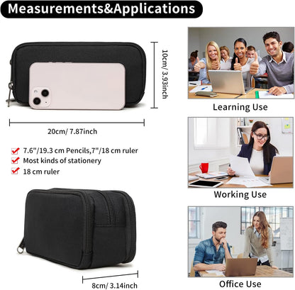 Della Gao Large Capacity Pencil Case, Aesthetic Pencil Pouch with 3 Compartments Nylon Storage Pen Bag Office Stationery Organizer for Women and Men- Black