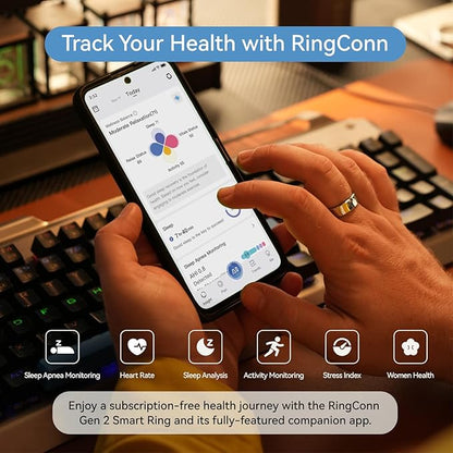 RingConn Gen 2, World’s First Smart Ring with Sleep Apnea Monitoring, No APP Subscription, 12-Day Battery Life, Stress/Heart Rate/Women's Health Tracker, Android & iOS Compatible (Silver, Size 11)