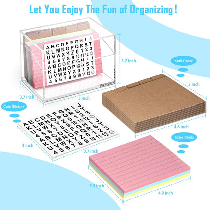 3 x 5 Inch Acrylic Index Card Holder Clear Flash Card Holder Recipe Card Box 150 Pcs Ruled Lined Index Cards 30 Pcs Kraft Dividers A to Z Stickers For Holds 400 A-Z Tabs Note Cards Business Cards