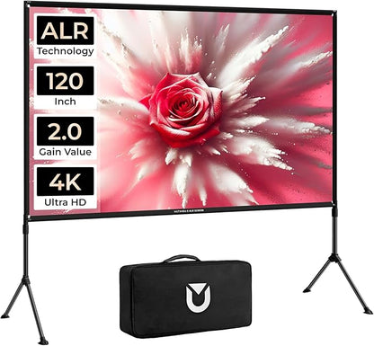 ULTIMEA Outdoor Projector Screen with Stand, 120 inch Anti-Glare Portable Projector Screen, Foldable Indoor Projection Screens 16:9 4K Full HD Movie Screen with Carry Bag for Home Theater