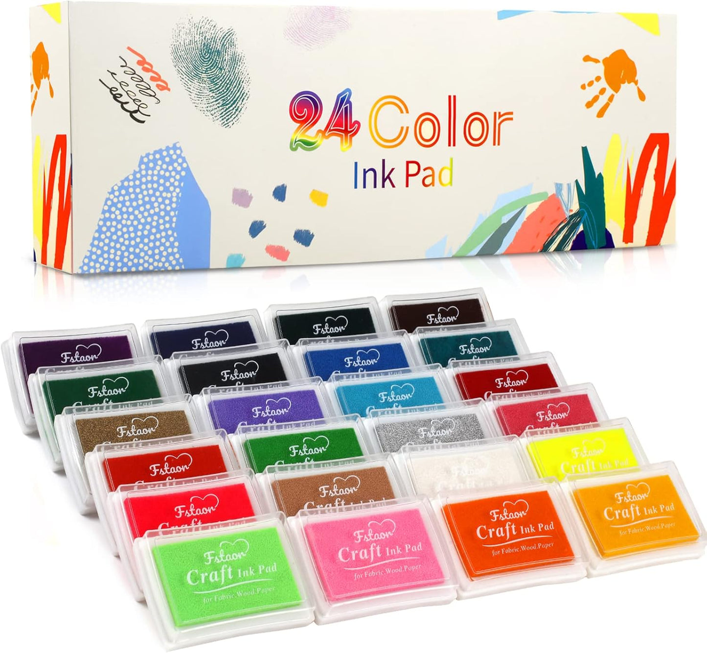 Fstaor 24 Colors Craft Ink Pads for Rubber Stamps, Washable Kids Ink Pads for Paper, Wood, Fabric, Fingerprint, Scrapbooking, DIY Arts & Crafts Supplies for Card Making