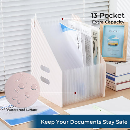 Y YOMA 2 Pack Expanding Magazine Holder with 13 Pockets | Portable Desktop Plastic Self Standing Accordion File Organizer for A4 Letter Size Document Storage Home Office School, Pink