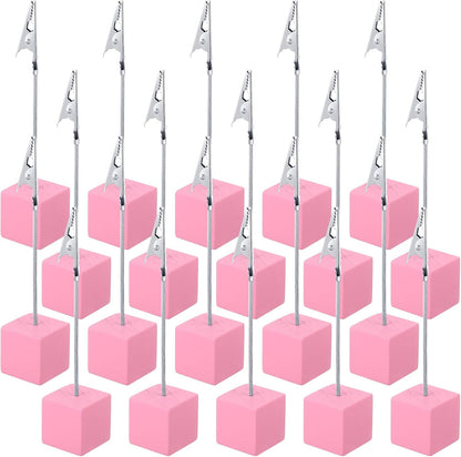 20 Pcs Cube Base Memo Clip Holder with Alligator Clip Wood Table Number Holder Cube Base Place Card Stand Mini Photo Menu Stand for Displaying Number Card(Pink)