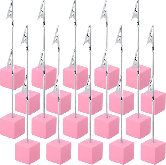 20 Pcs Cube Base Memo Clip Holder with Alligator Clip Wood Table Number Holder Cube Base Place Card Stand Mini Photo Menu Stand for Displaying Number Card(Pink)