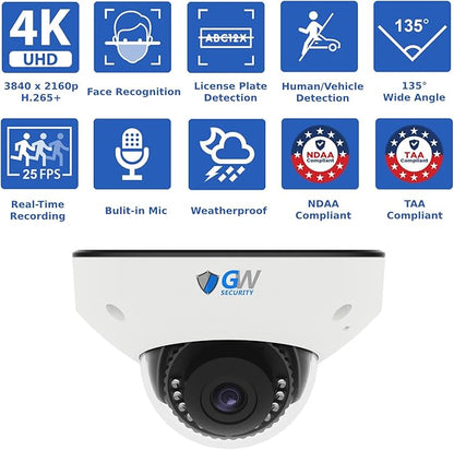 GW Security 16 Channel NVR UltraHD 4K Face Recognition NDAA & TAA Compliant Security Camera System with 16 x 8MP @25FPS Outdoor & Indoor PoE Dome Cameras, 10 Smart AI Functions
