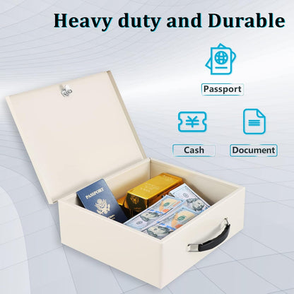 Dalmbox Portable Fire Safe Box with Key Lock, Fire Resistant Metal Lock Box for Documents, Security Strong Storage Box Safety Deposit Box for Home, Outside, Car, XL Large,13.2”x 11”x 5.1'', Beige