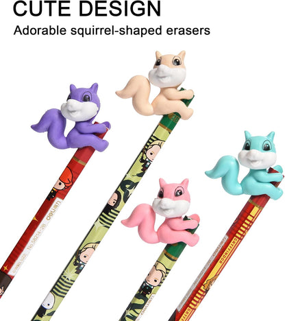 24Pcs Pencil Top Erasers for Kids, Squirrel Pencil Erasers Toppers Bulk, Cute Cap Erasers for Party Favors Classroom Rewards