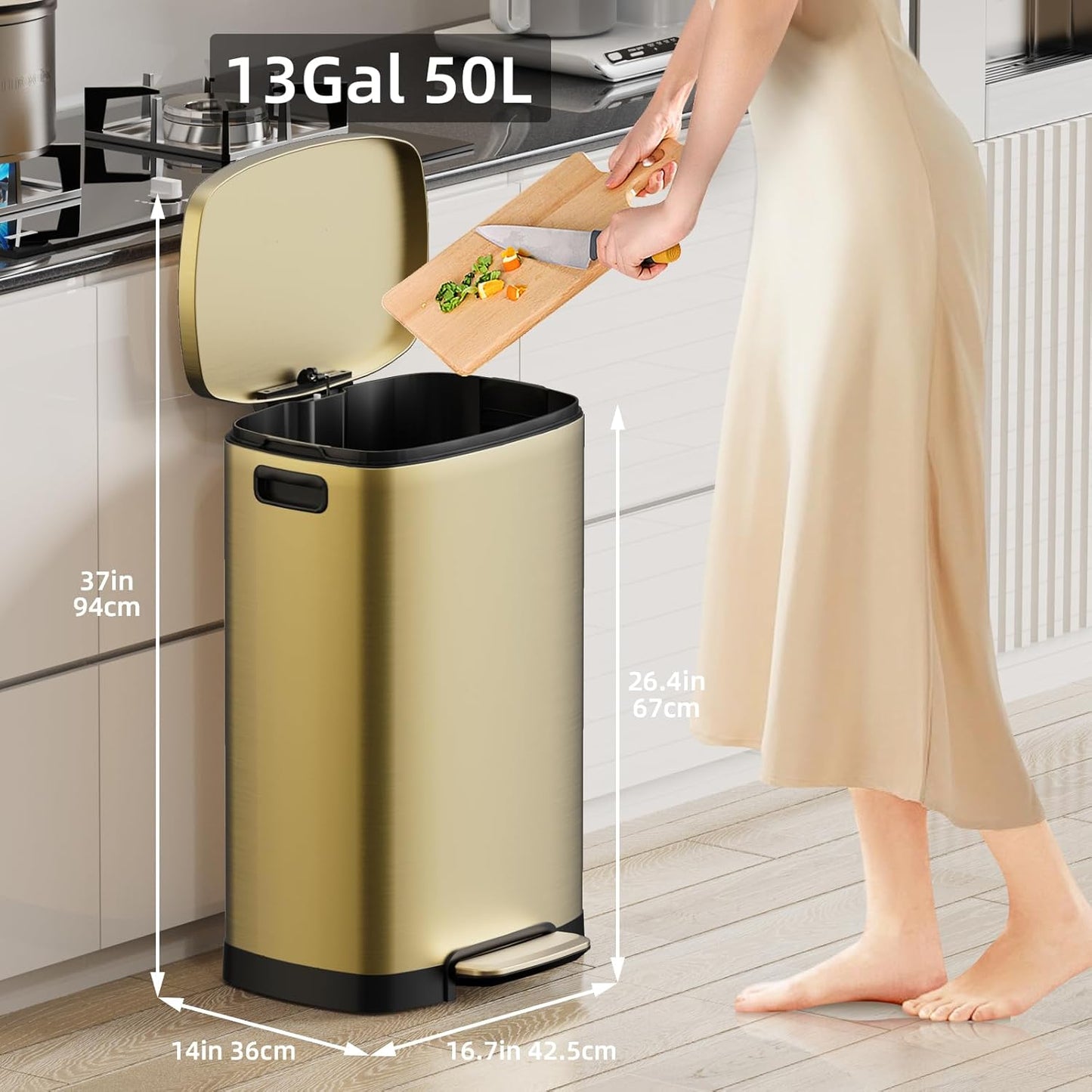 KUK 13 Gallon/50L Stainless Steel Kitchen Trash Can with Lid and Step Pedal-Large Capacity Garbage Bin with Odor Seal, Silent Close Lid, Removable Inner Bucket, Titanium Gold
