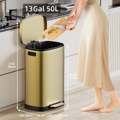 KUK 13 Gallon/50L Stainless Steel Kitchen Trash Can with Lid and Step Pedal-Large Capacity Garbage Bin with Odor Seal, Silent Close Lid, Removable Inner Bucket, Titanium Gold