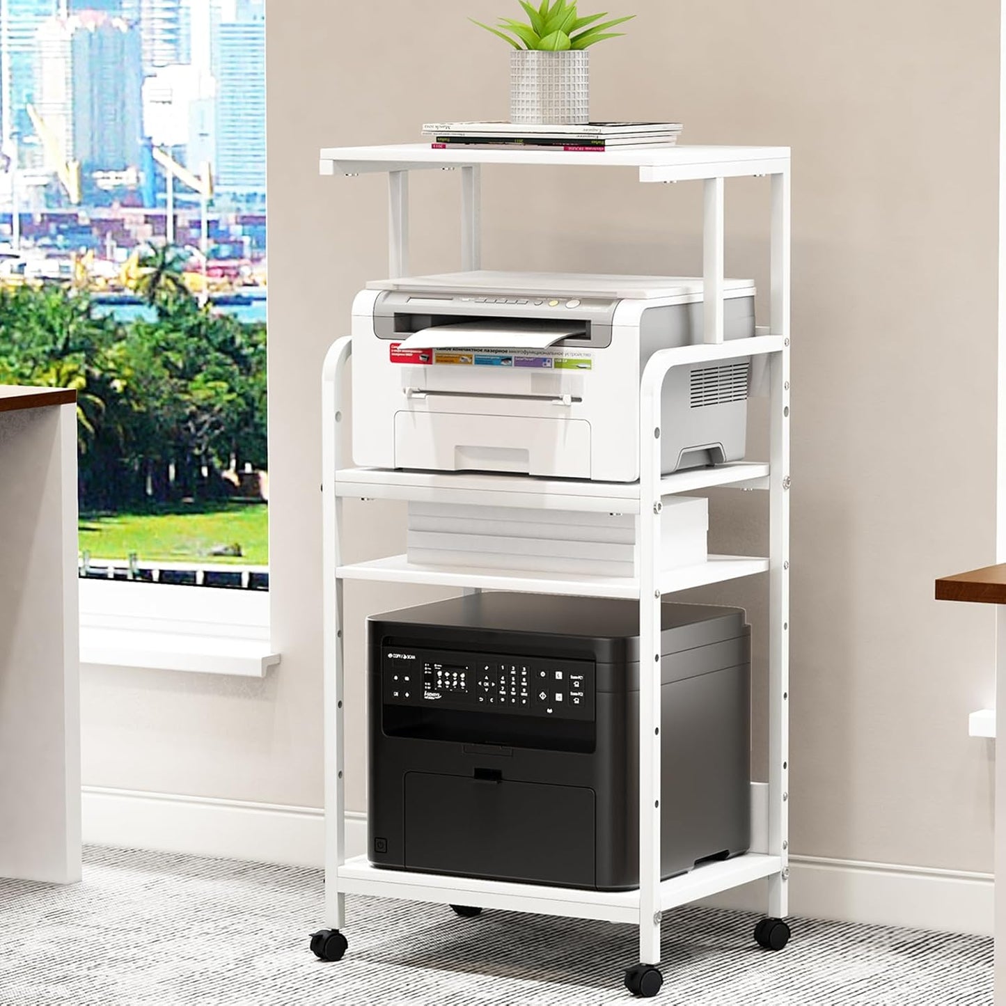 4 Tier Printer Stand with Storage Shelf, Large Tall Printer Cart with Wheels, Mobile Printer Table for Home Office, Adjustable Stands for Printer Heat Press Scanner Fax (White)