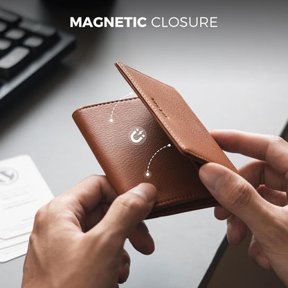 VULKIT Business Card Holder Premium Leather RFID Blocking Card Case With ID Window Magnetic Closure Holds Up to 40 Business Cards