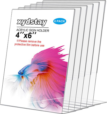 6pack Acrylic Sign Holder 4x6 for Picture Frames, L Shape Clear Plastic, Plastic Sign Holder,Menu Holder, Unbreakable Table Sign Holder for Restaurant, Office, School, Store and Home Use