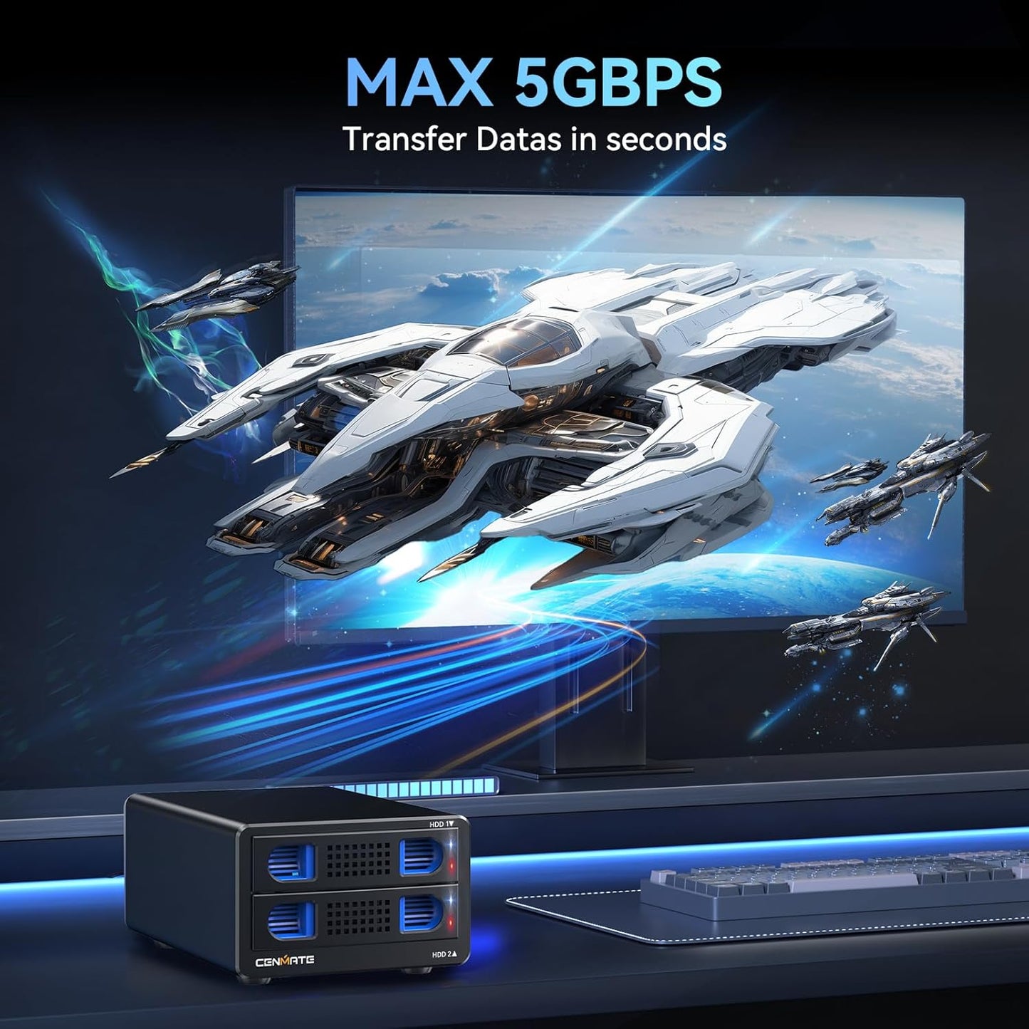 Aluminum Dual Bay Hard Drive Enclosure with Cooling Fan for 2.5“/3.5" SATA HDD/SSD with USB A/C 3.0, Support Hot Swappable, Daisy Chain Expansion, Tool-Free HDD Enclosure, DAS(NO RAID/NAS)