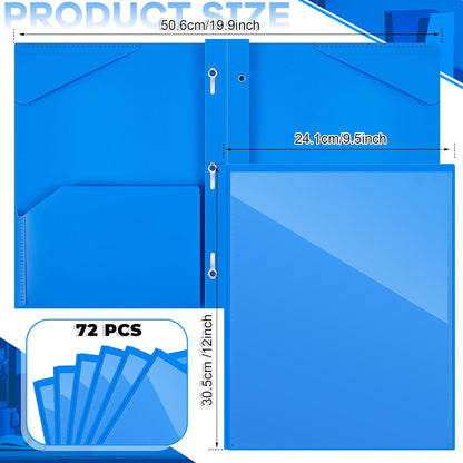 Henoyso 72 Pcs Plastic Folder with Clear Front Pocket and 3 Prong Plastic Folders with Card Slot Pocket Folders with Prongs for School Office (Blue)
