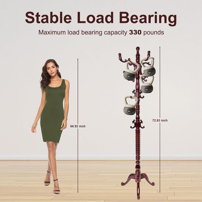 Solid Wood Coat Rack – 73" Freestanding Coat Racks Stand with 14 Hooks & Stable Base, Adjustable Height Modern Wooden Hall Tree for Entryway, Bedroom, Office, Home (Mahogany Triangle)