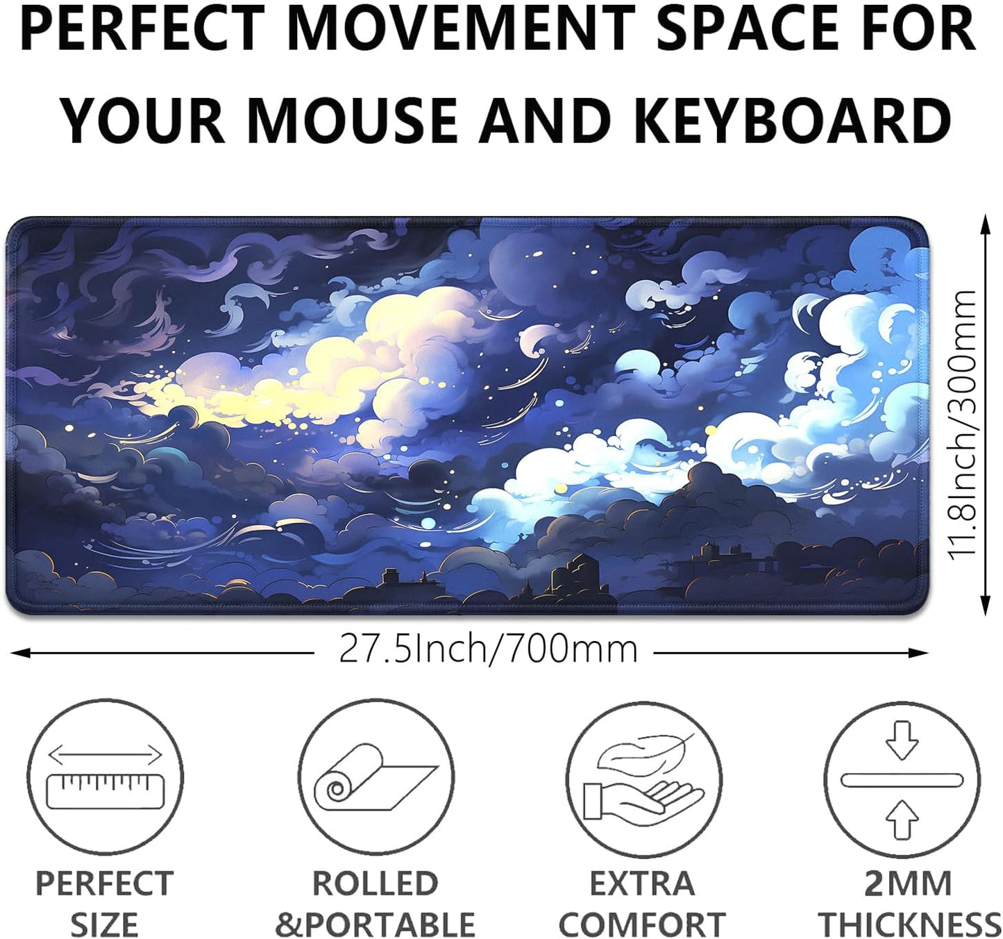 Blue Clouds Mouse Pad,Extended Stars Sky Dark Blue Clouds Mousepad Desk Pad with Stitched Edges,Non-Slip Waterproof Rubber Base Mouse Mat for Office Computer Keyboard Laptop Home(27.5x11.8 in)