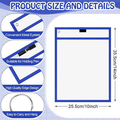 Teling 150 Pcs Dry Erase Pockets Bulk Reusable Job Ticket Holders Clear Plastic Sleeve Protector Work Order Sleeve Shop Ticket Holder for Welcome Teacher Back Office Supplies(10 x 14'',Black Blue Red)