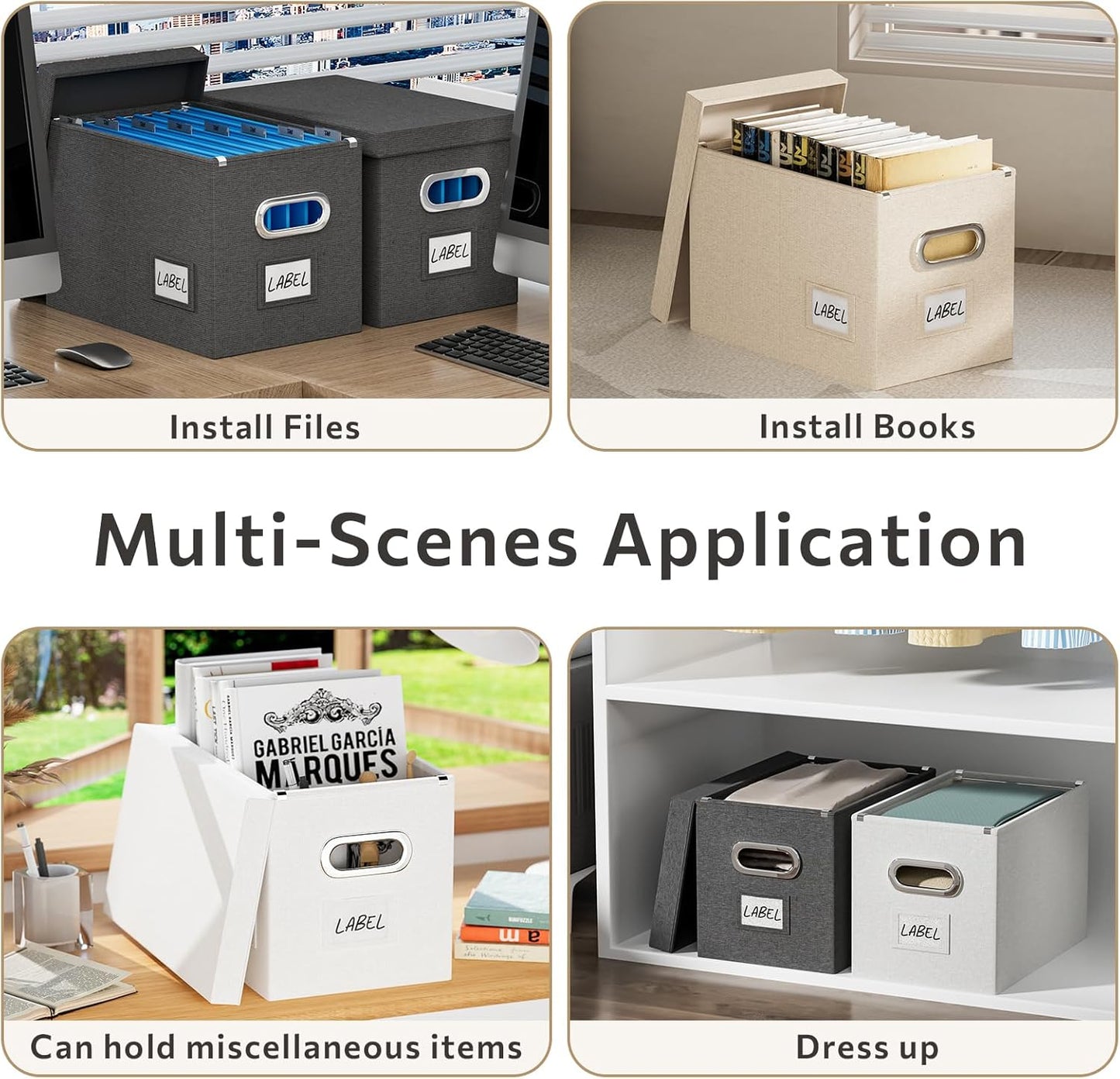 File Organizer Box with Lid - Set of 2 Portable Hanging File Box, Collapsible Linen Decorative Filing Storage Boxes for Office & Home File Cabinet (White 14 x 9.3 x 10.9 inch)