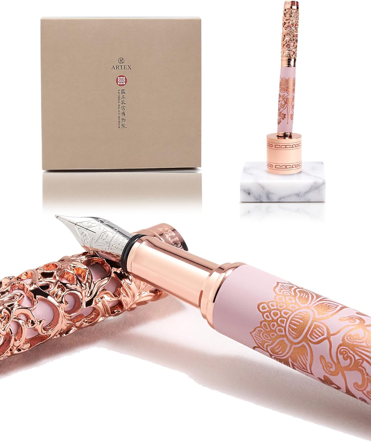 Luxury Fountain Pen Set With Stand - Museum Art Collections - Crafting Timeless Beauty - the Best Gift & Office Desk Decor, German SCHMIDT Fine Nib, Solid Metal & Marble Texture