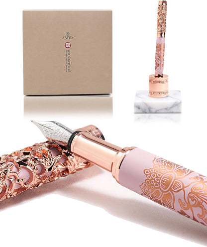 Luxury Fountain Pen Set With Stand - Museum Art Collections - Crafting Timeless Beauty - the Best Gift & Office Desk Decor, German SCHMIDT Fine Nib, Solid Metal & Marble Texture