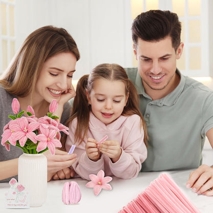 400 Pcs Craft Pipe Cleaners Flowers,4 Colors Chenille Stems Bulk with Floral Wires,Tape,Greeting Card,Bouquet Paper,Hot Glue Stick,Stamen & Ribbon, Holiday Gifts for Women,Men,Teens,Elder