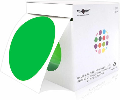 PARLAIM 3 Inch Round Color-Code Dot Stickers, 500 Color Coding Circle Labels per Roll Dispenser Box for Inventory, Green