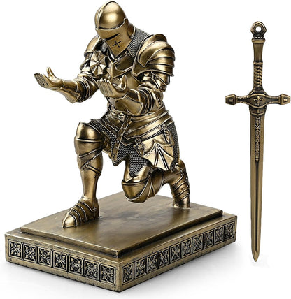 Medieval Armored Warrior Knight Pen Holder Desk Organizers and Accessories Resin Pencil Holder Paperweight as Gift with a Cool Letter Opener for Desk (Bronze)
