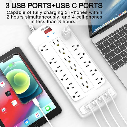 18 Outlets Surge Protector Power Strip - 20 Feet Flat Plug Heavy Duty Extension Cord with 18 Widely Outlets and 4 USB Ports, 2100 Joules, White, ETL Listed