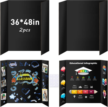 2 Pack Trifold Poster Board, IKAYAS 48" X 36" Double Sided Black Poster Boards, Science Fair Display Boards Posterboard Foamboard for Mounting, Prints,Art,Display,Projects Classroom Supplies