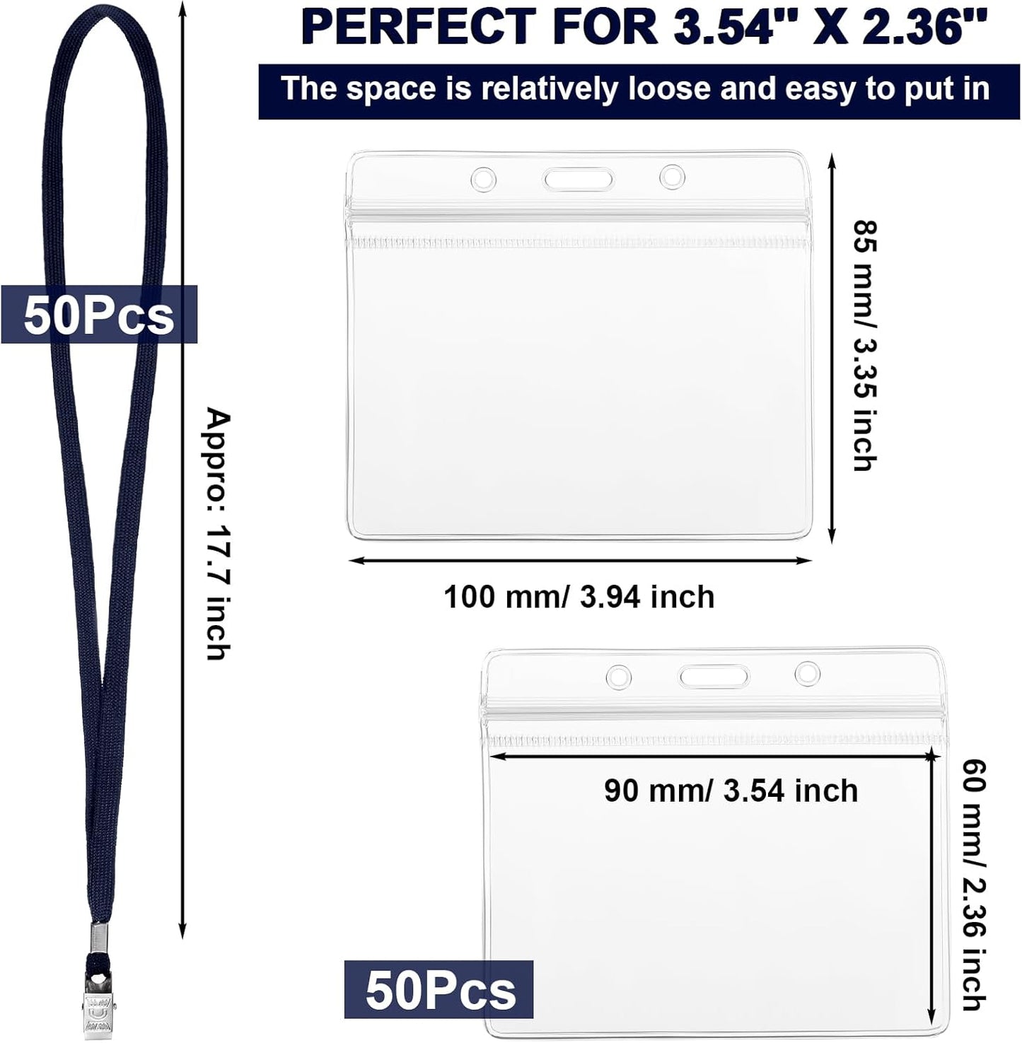 Marspark 50 Sets Clear Name Tags with Lanyard, Lanyards for ID Badges Reusable Strap with ID Holder Plastic Name Badges for Adults Business School Church Conference (Dark Blue)