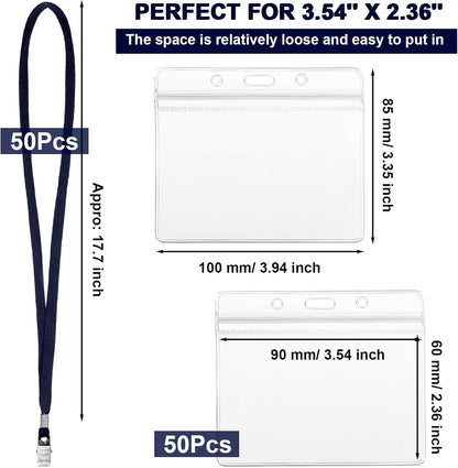 Marspark 50 Sets Clear Name Tags with Lanyard, Lanyards for ID Badges Reusable Strap with ID Holder Plastic Name Badges for Adults Business School Church Conference (Dark Blue)