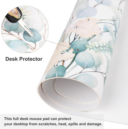 QIYI Large Mouse Pad for Desk, Cute Desk Mat for Desktop, Women Girls Green Office Décor Desk Accessories, PU Leather Waterproof Gaming Mousepad, Eucalyptus Leaf Desk Pad Computer Mat, 31.5" x 15.7"