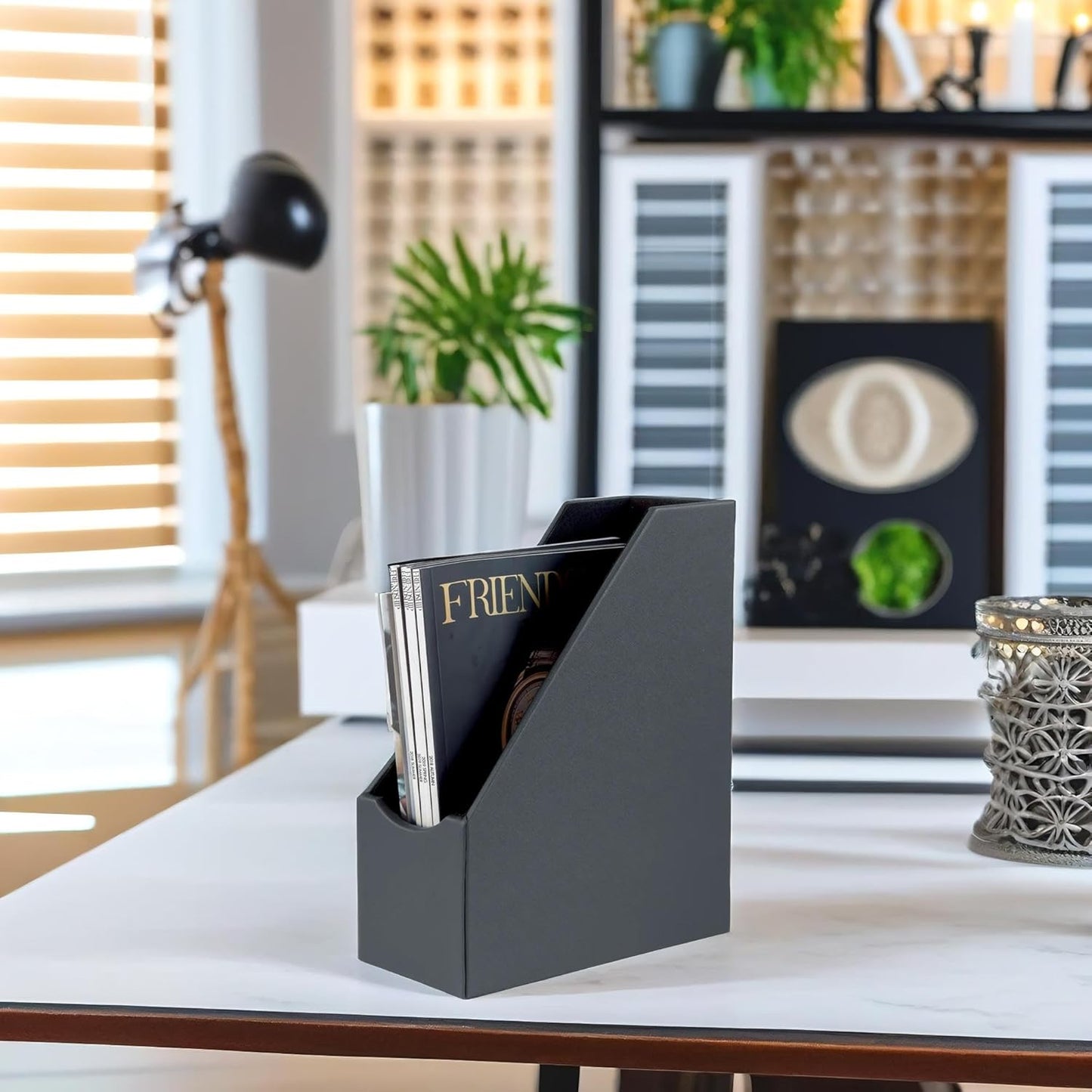 UnionBasic Magazine File Holder, Leatherette Desktop Document Organizer, Home Office Paper Holder File Storage Literature Sorter, Grey