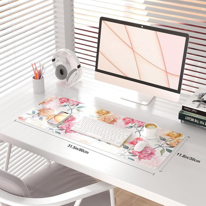 QIYI Floral Mouse Pad, Watercolor Flowers Desk Mat for Desktop, Women Girls Office Décor Accessories, PU Leather Waterproof Gaming Mousepad, Pink Yellow Peonies Desk Pad Computer Mat, 31.5" x 11.8"