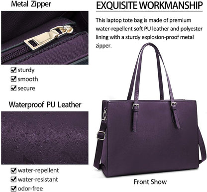 Laptop Bag for Women Waterproof Lightweight Leather 15.6 Inch Computer Tote Bag Business Office Briefcase Large Capacity Handbag Shoulder Bag Professional Office Work Bag Dark Purple