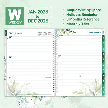 SUNEE 2026 Weekly and Monthly Planner - from January 2026 - December 2026, 8.5"x11" Daily Agenda Planner with Monthly Tab, Flexible Cover, Note Pages, Pockets, Bookmark, Spiral Binding, Eucalyptus