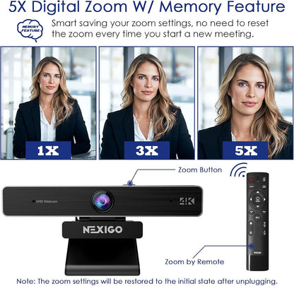 Zoom Certified, NexiGo N950P (Gen 2) 4K Zoomable Webcam, RF Remote, Sony_Starvis Sensor, 5X Digital Zoom, Pro Web Camera with Dual Stereo Mics, for Zoom Skype Teams Twitch