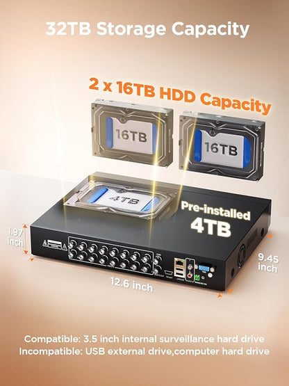 TIGERSECU Ultra HD 5MP 16 + 16 Channel Hybrid Security DVR/NVR with 4TB Hard Drive, Expandable to 32 Cameras, 6-in-1 Home Surveillance Recorder for 16 TVI, AHD, CVI, CVBS, RS485 PTZ and 16 IP Cameras