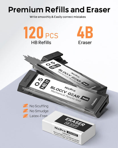 Nicpro Blocky Gear 0.5 mm Mechanical Pencil Set in Case, Metal Pencil with Lead Refills, Eraser for Professional & Adult Art Writing Drafting Drawing