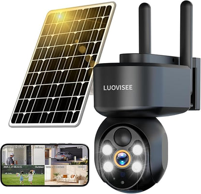 2K Solar Security Camera Wireless Outdoor,WiFi Cameras for Home Security Battery-Powered,Compatible with Alexa,360°PTZ Full Color Night Vision,PLR Alarm,2-Way Audio,Cloud/SD Storage